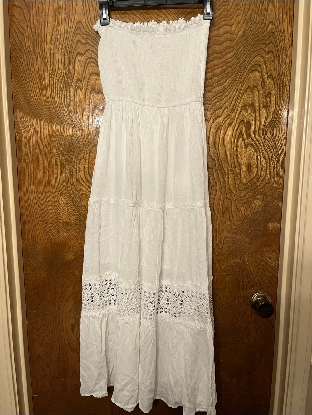 White Strapless Maxi Dress with Lace Trim - Picture 2 of 7